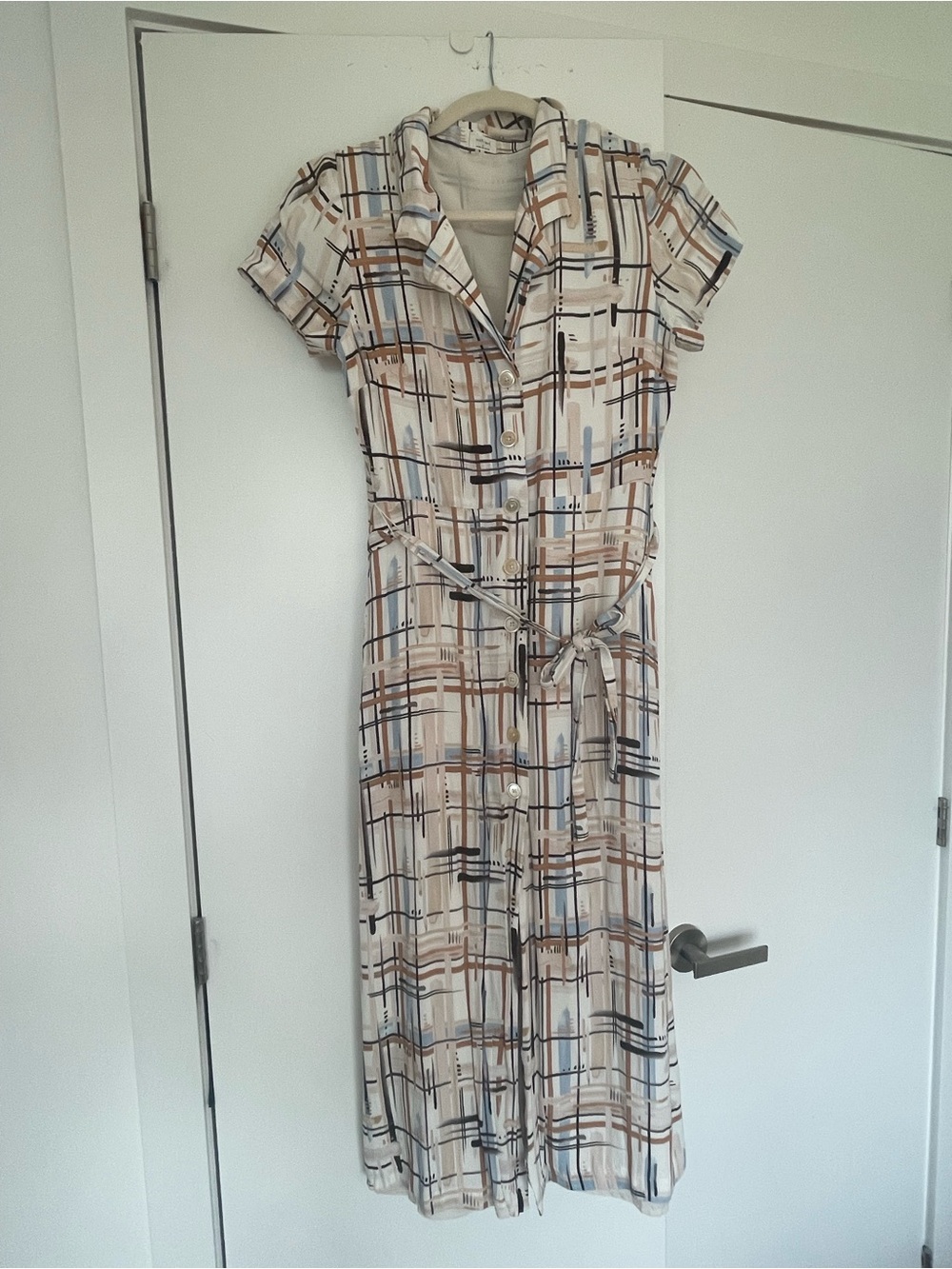 Wilfred Button-Front Plaid Midi Dress in Cream, Blue, and brown